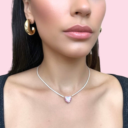 PINK HEART TENNIS NECKLACE